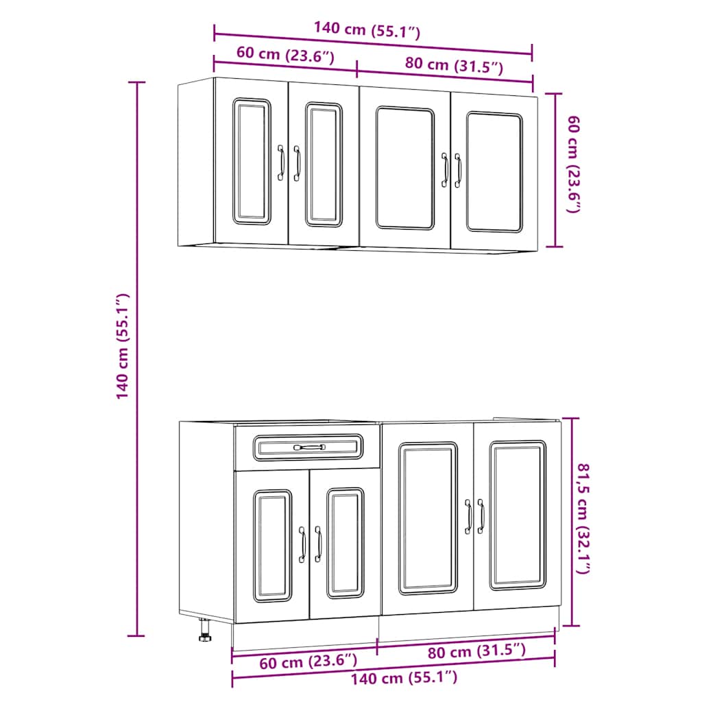 4 peças armário de cozinha conjunto Kalmar branco brilhante