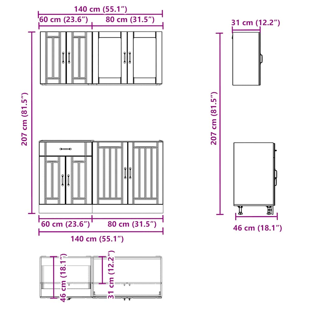 4 peças armário de cozinha conjunto Lucca branco brilhante