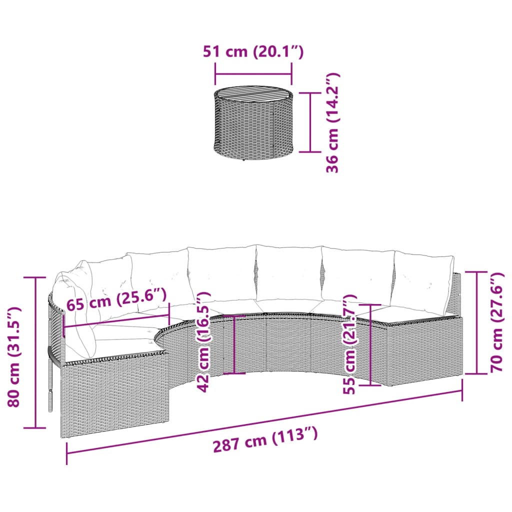 Sofá de jardim com mesa e almofadões semicircular vime PE preto