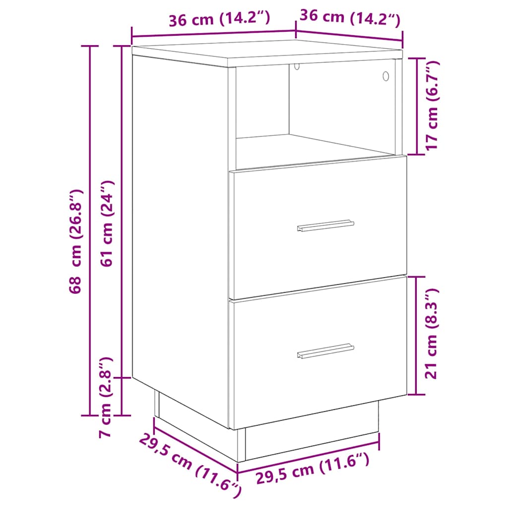 Mesa de cabeceira com 2 gavetas 36x36x68 cm carvalho artisiano