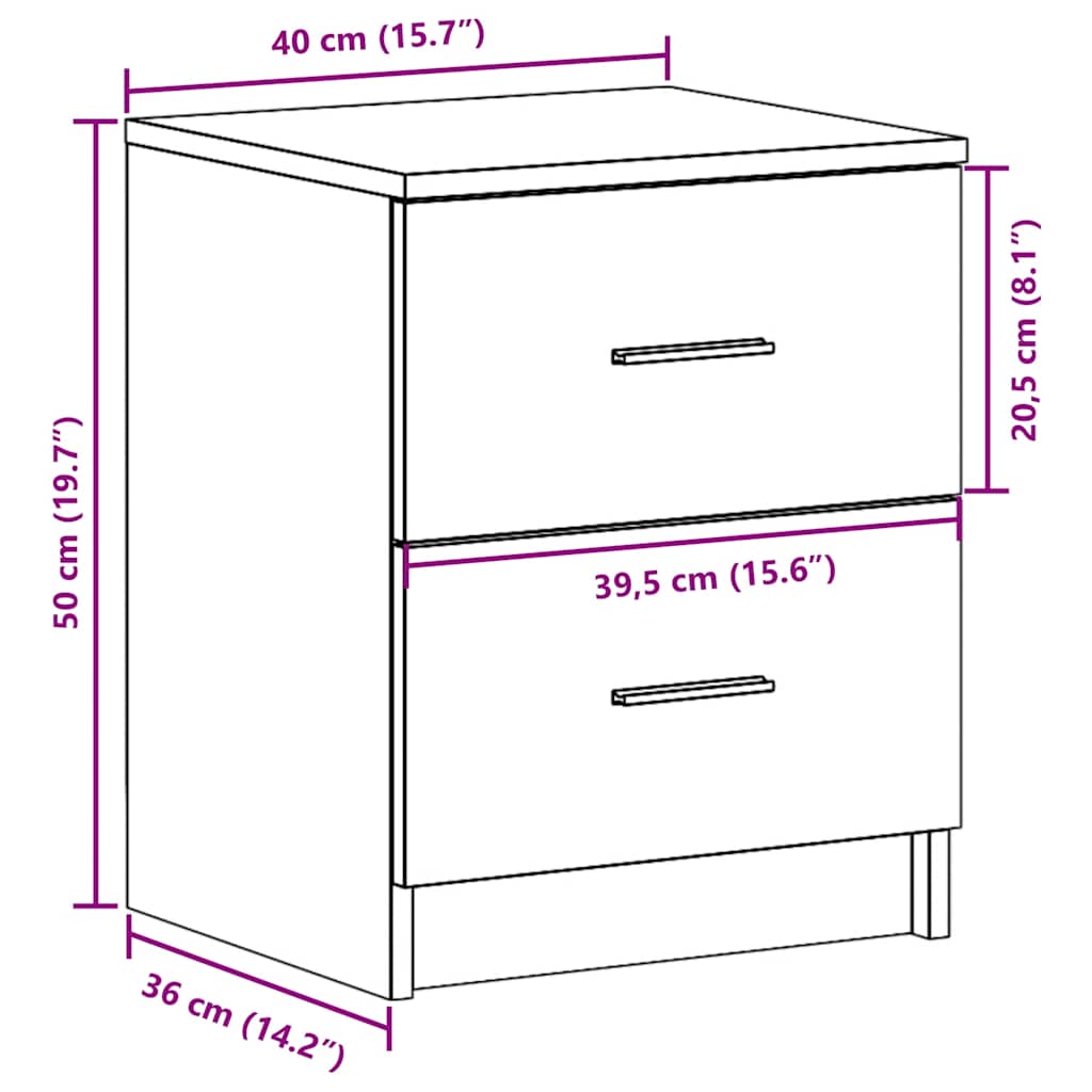 Mesa de cabeceira com 2 gavetas 40x36x50 cm cinzento cimento