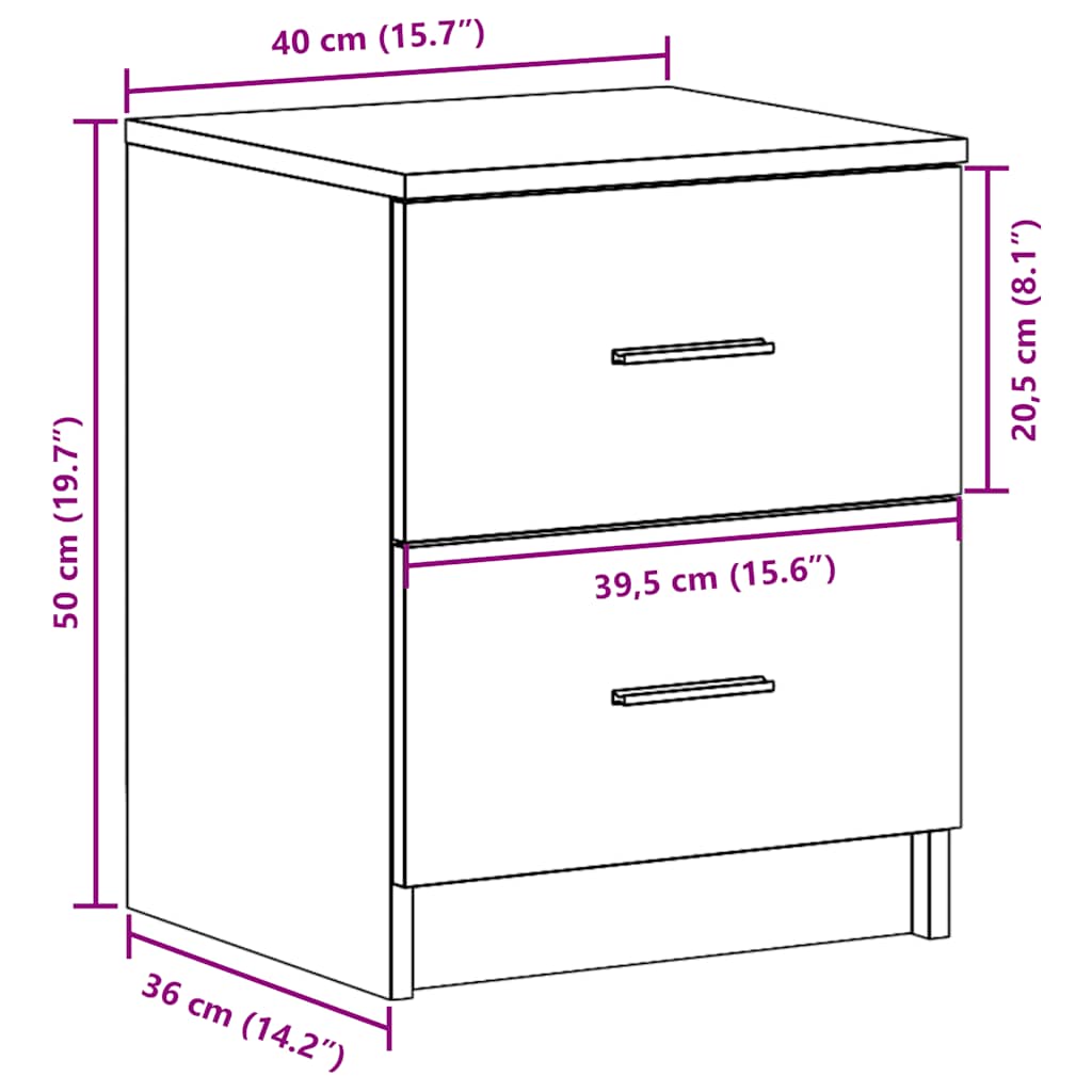 Mesa de cabeceira com 2 gavetas 40x36x50 cm cinzento sonoma