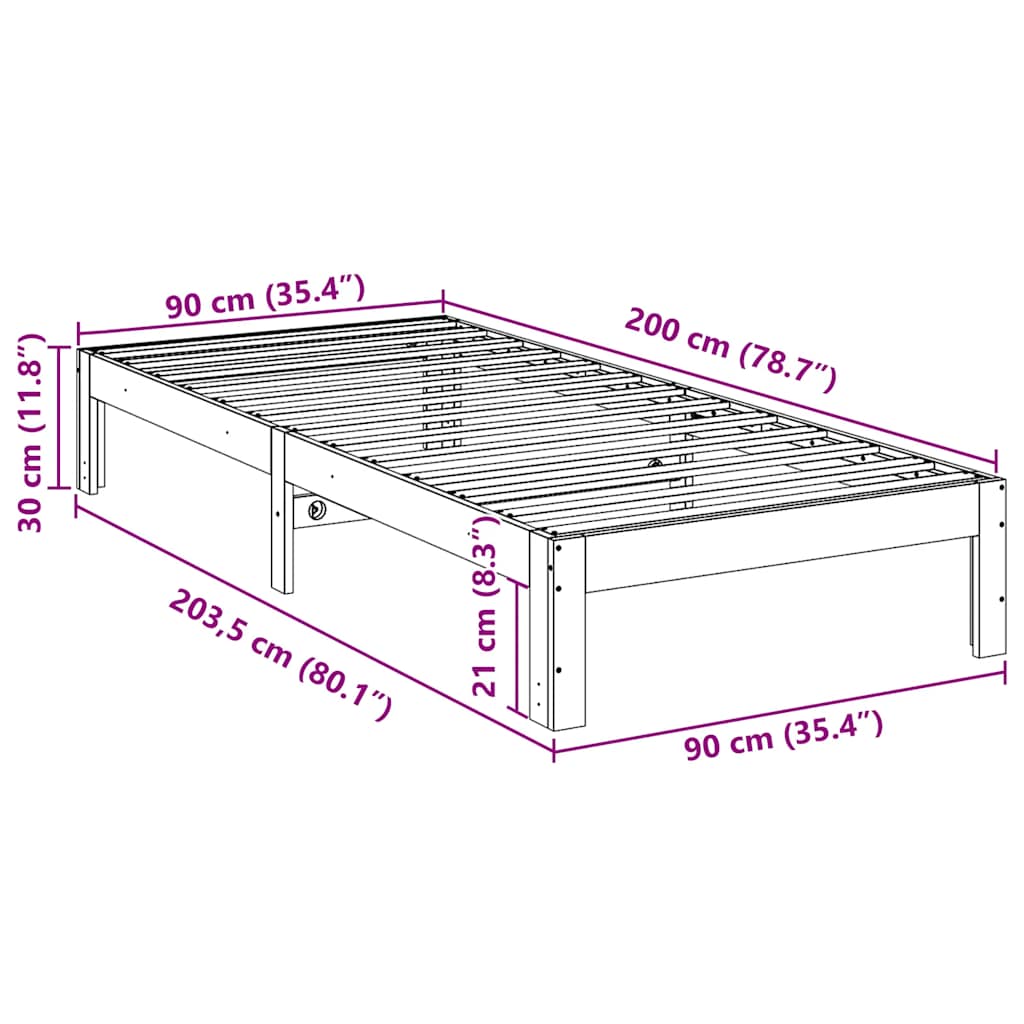 Cama sem colchão 90x200 cm pinho maciço castanho-mel