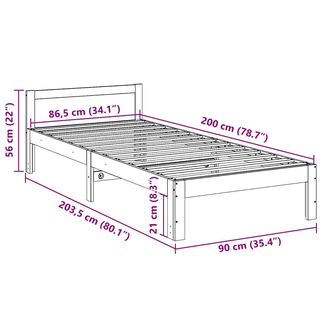Cama sem colchão 90x200 cm madeira de pinho maciça branco