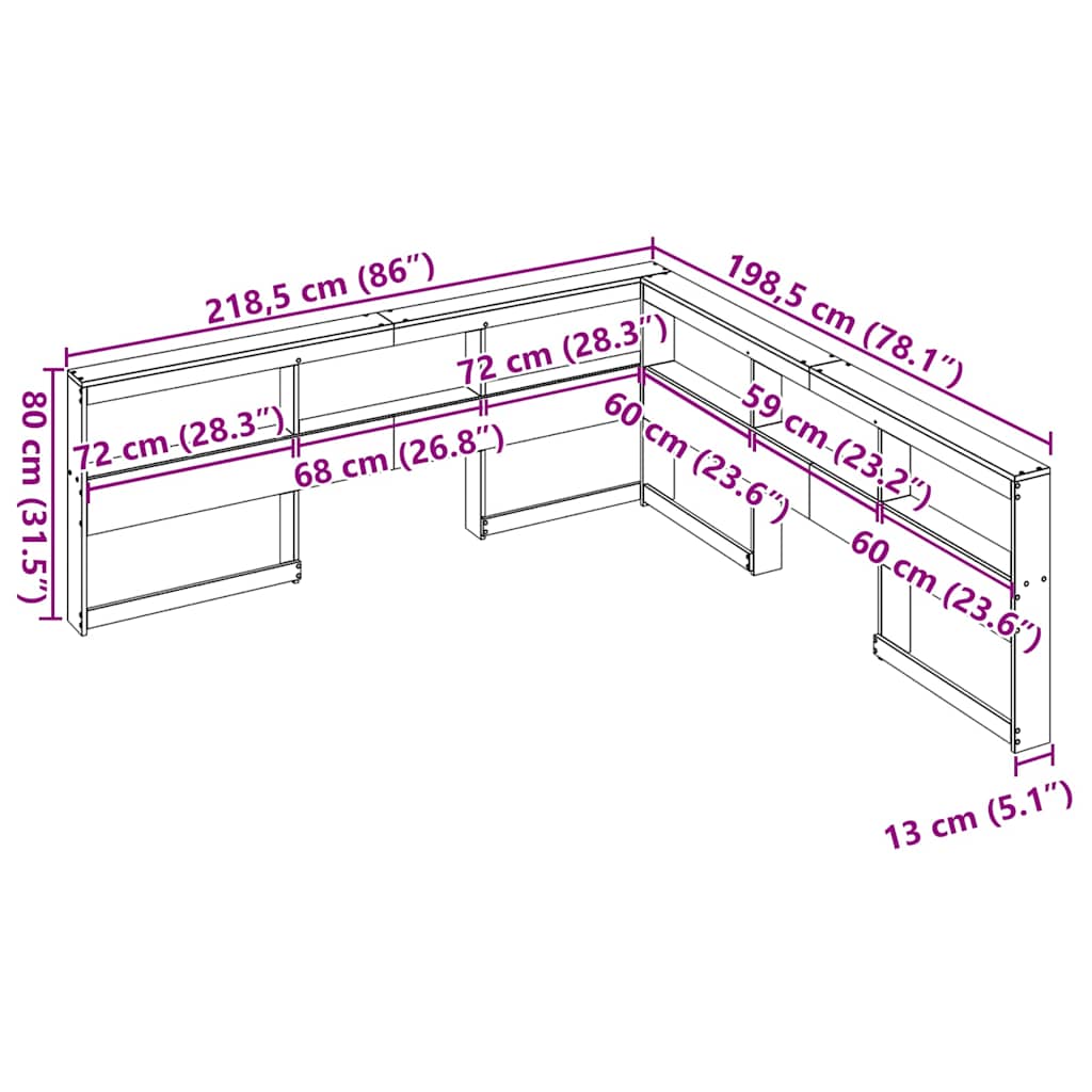 Estante cabeceira forma de L 180 cm pinho maciço castanho-mel