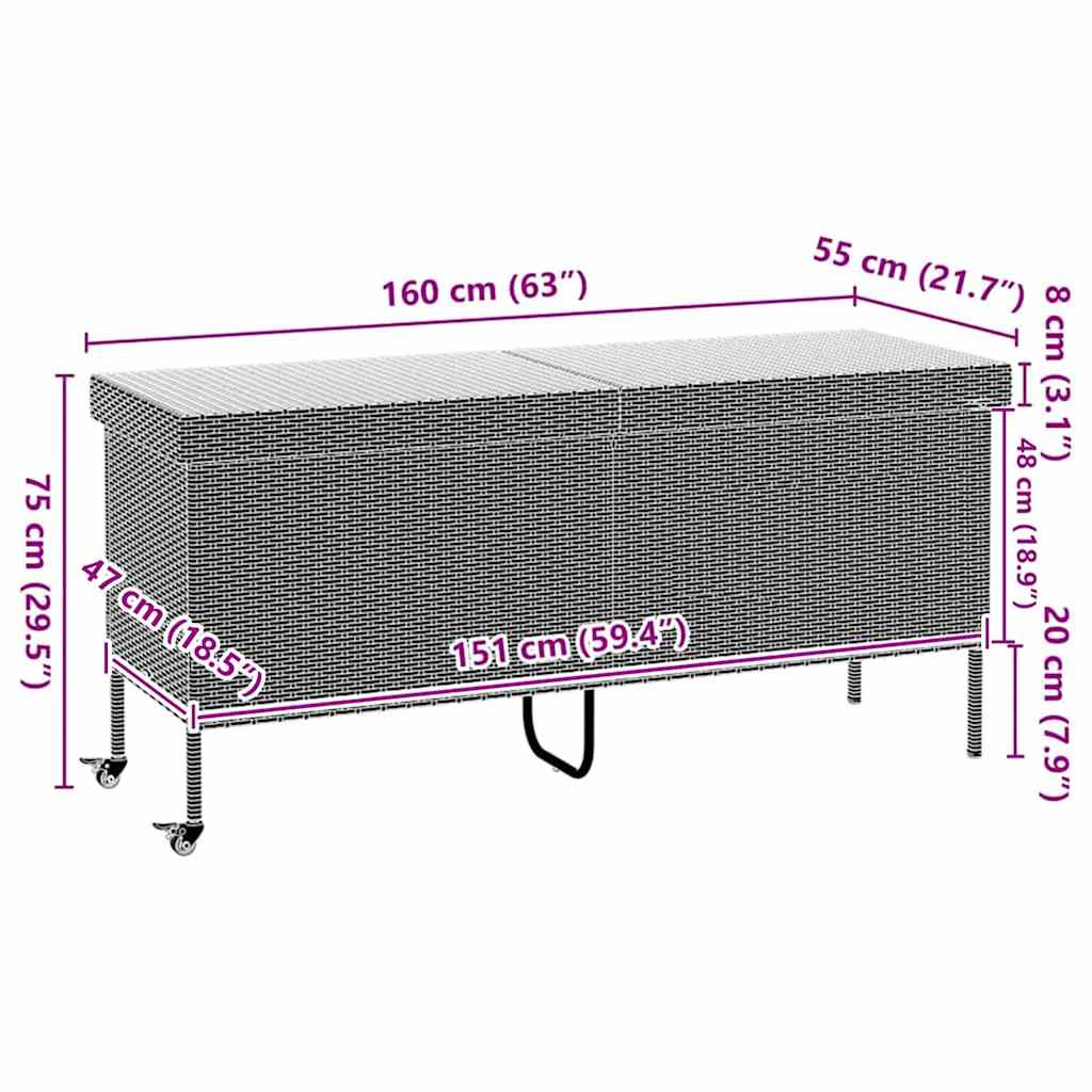 Caixa de arrumação jardim com rodas 160x55x75 cm vime PE preto