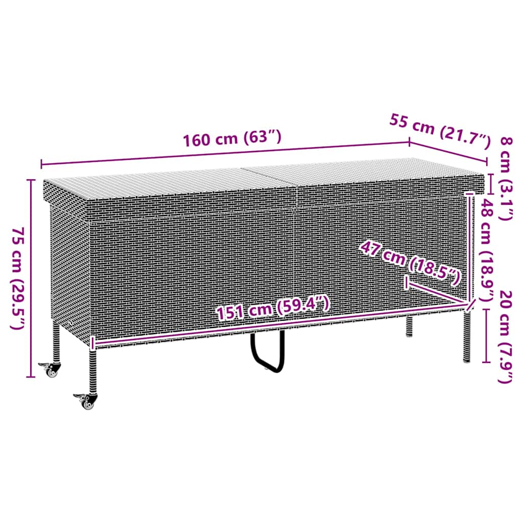 Caixa de arrumação com rodas 160x55x75 cm vime PE cinzento