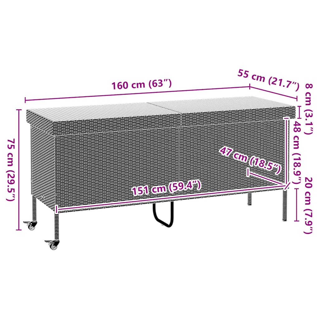 Caixa de arrumação com rodas 160x55x75 cm vime PE cinza-claro