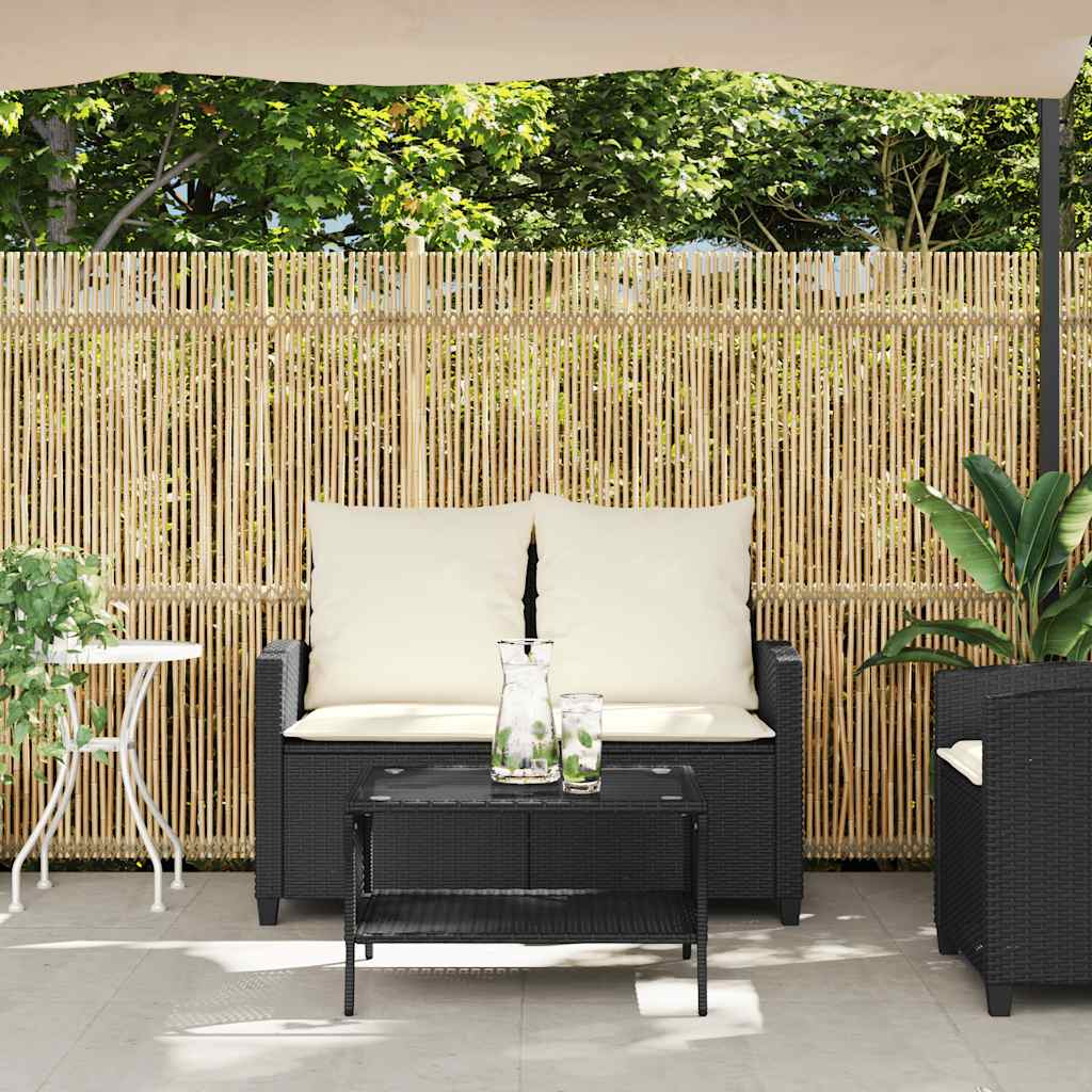 Sofá de jardim 2 lugares com almofadões vime PE preto