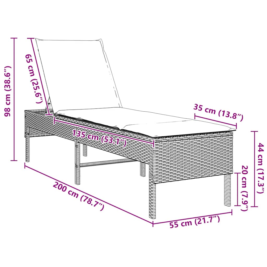 Espreguiçadeira com almofadão 55x200x44cm vime PE castanho