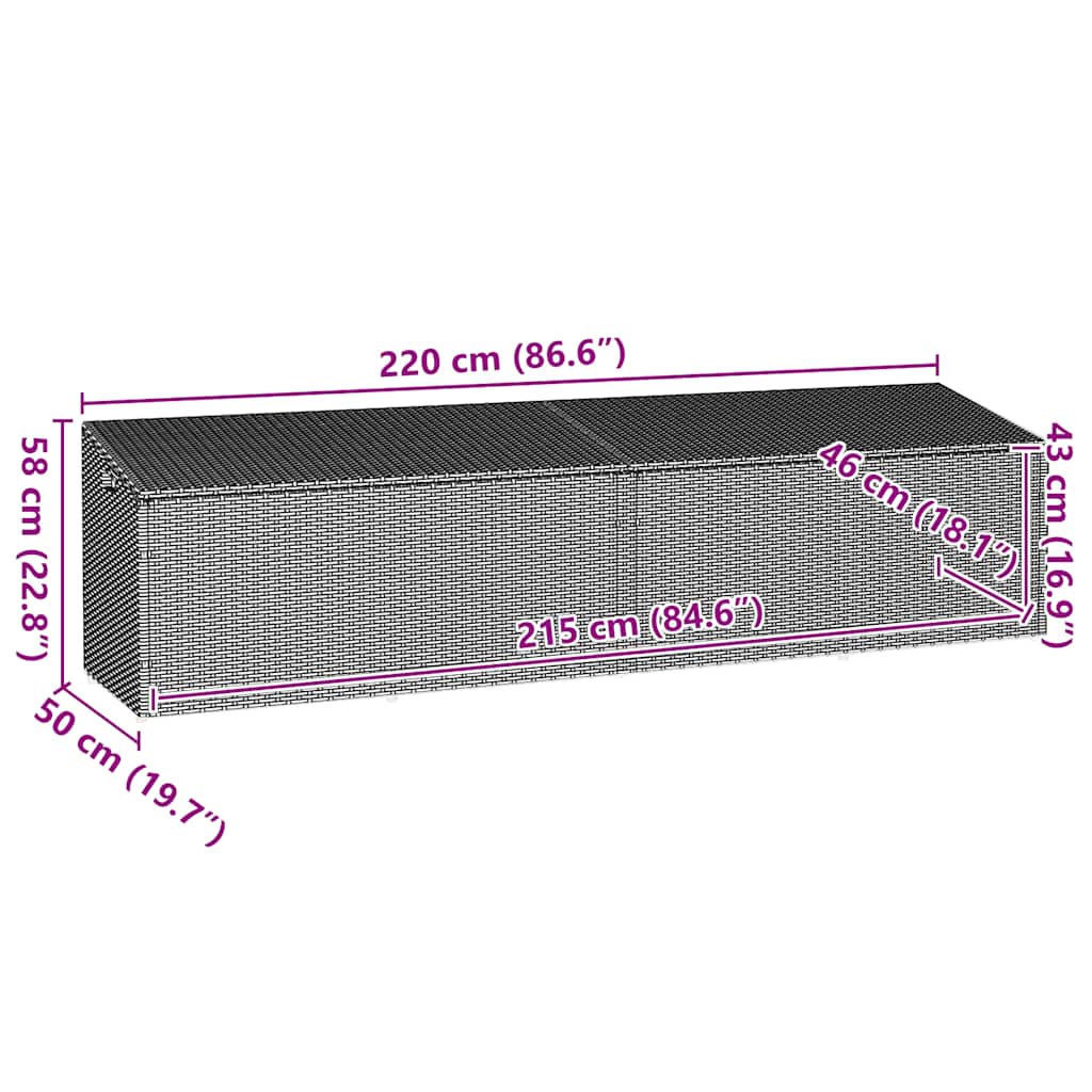 Caixa de arrumação para jardim 220x50x58 cm vime PE castanho