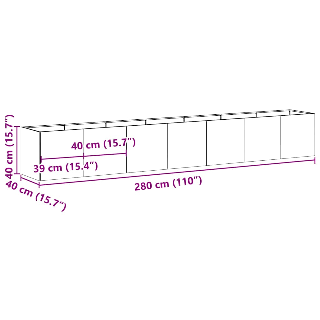 Vaso floreira 280x40x40 cm aço laminado a frio preto