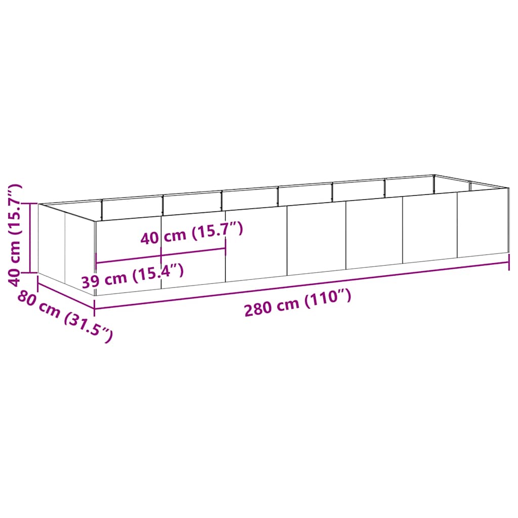 Vaso/floreira 280x80x40 cm aço galvanizado