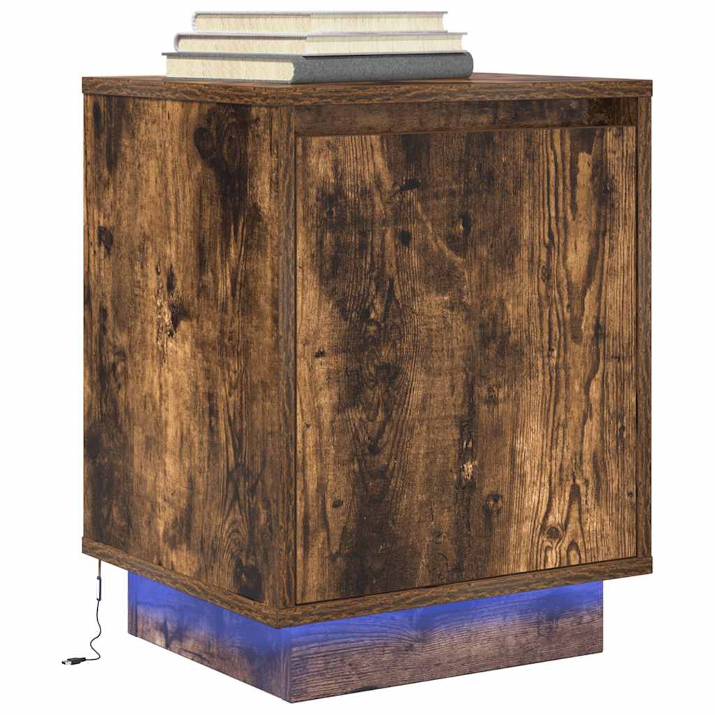 Mesas cabeceira c/ luzes LED 2 pcs 38x34x50 cm carvalho fumado