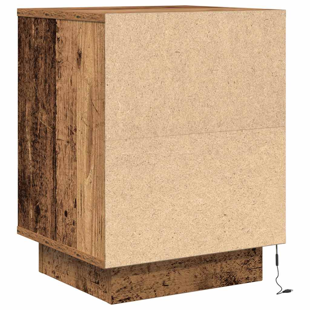 Mesa de cabeceira com luzes LED 38x34x50 cm madeira velha