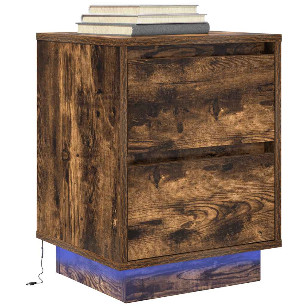 Mesas cabeceira c/ luzes LED 2 pcs 38x34x50 cm carvalho fumado