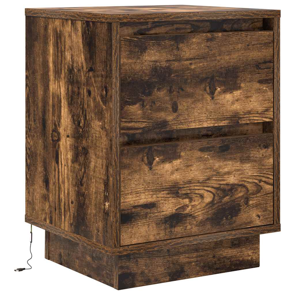 Mesas cabeceira c/ luzes LED 2 pcs 38x34x50 cm carvalho fumado