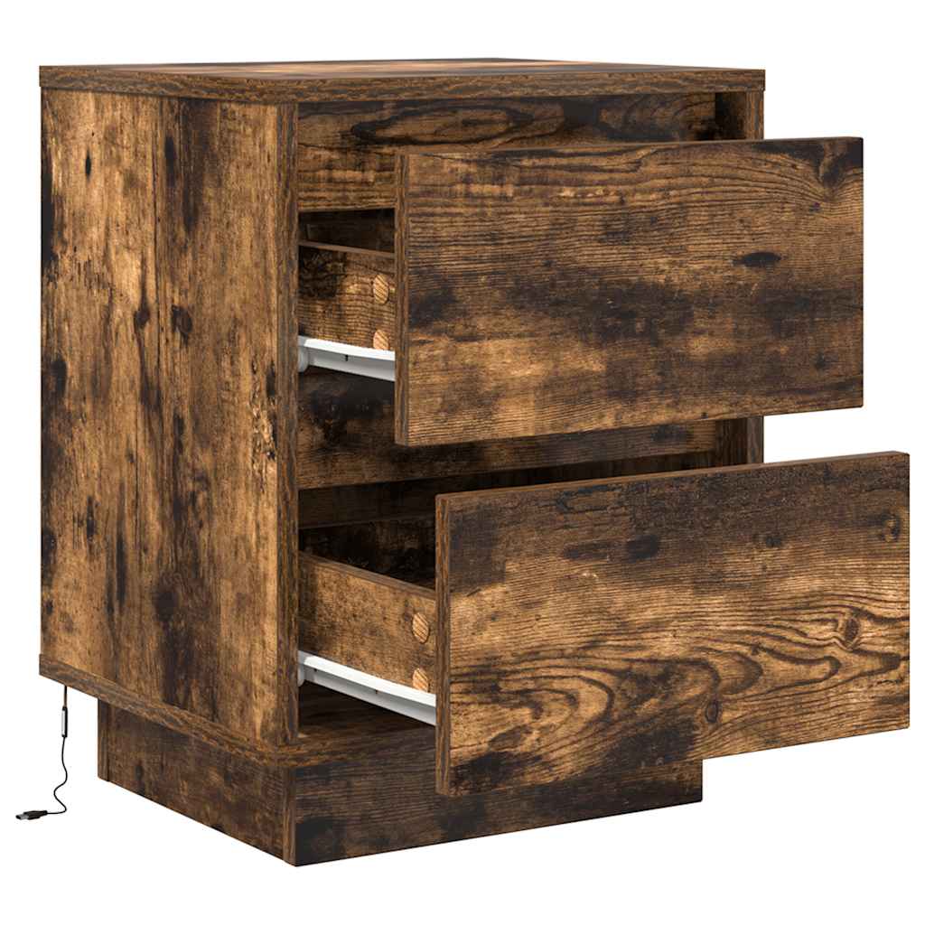 Mesas cabeceira c/ luzes LED 2 pcs 38x34x50 cm carvalho fumado
