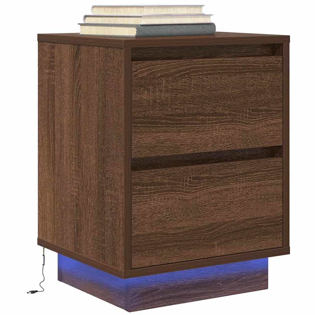 Mesas cabeceira c/ luzes LED 2 pcs 38x34x50cm carvalho castanho