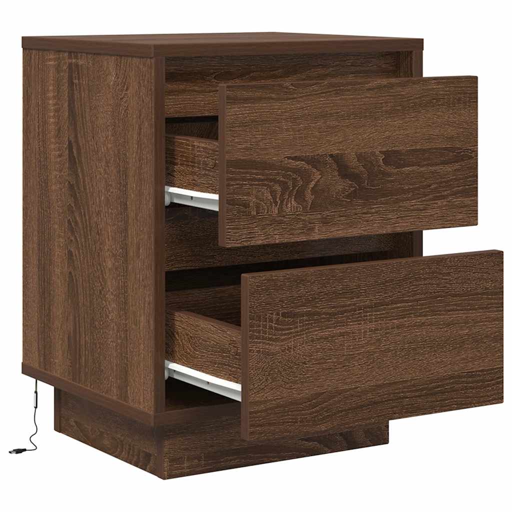Mesas cabeceira c/ luzes LED 2 pcs 38x34x50cm carvalho castanho