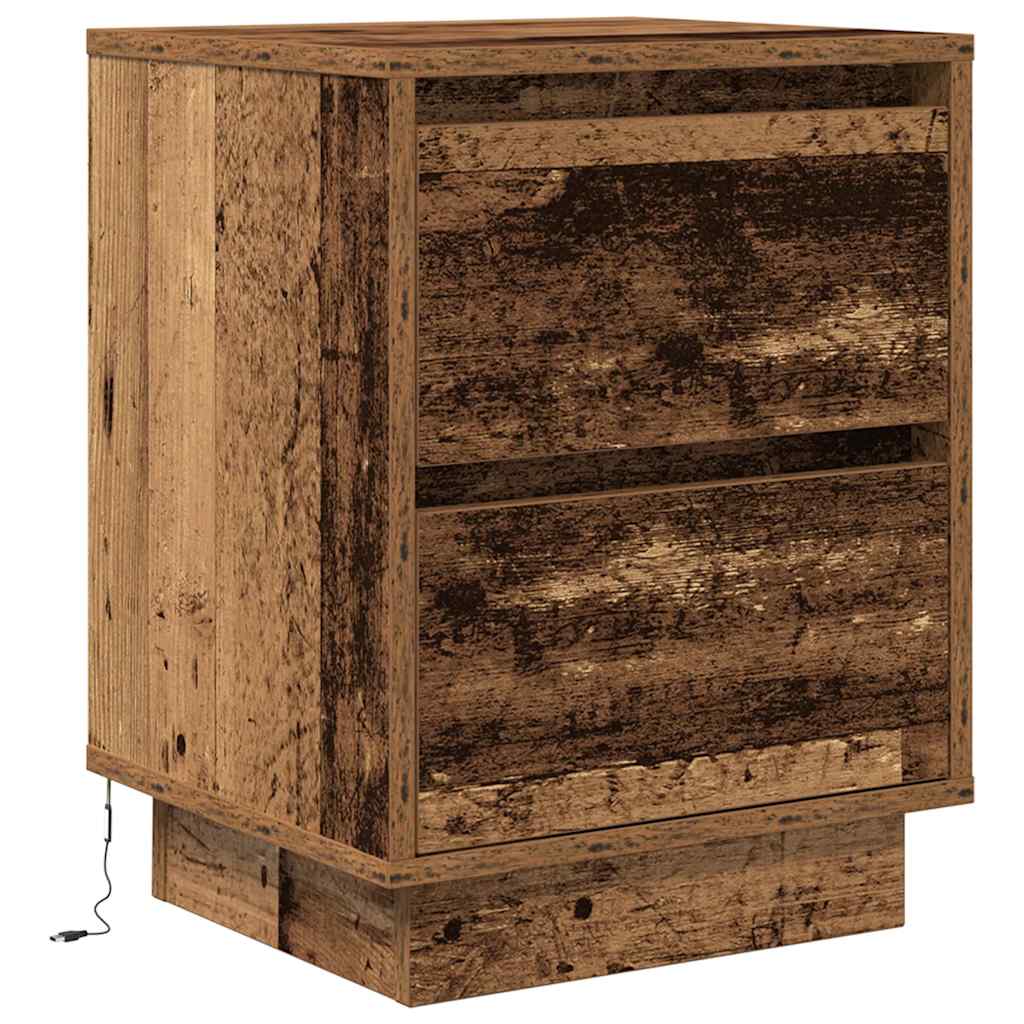 Mesa de cabeceira com luzes LED 38x34x50 cm madeira velha