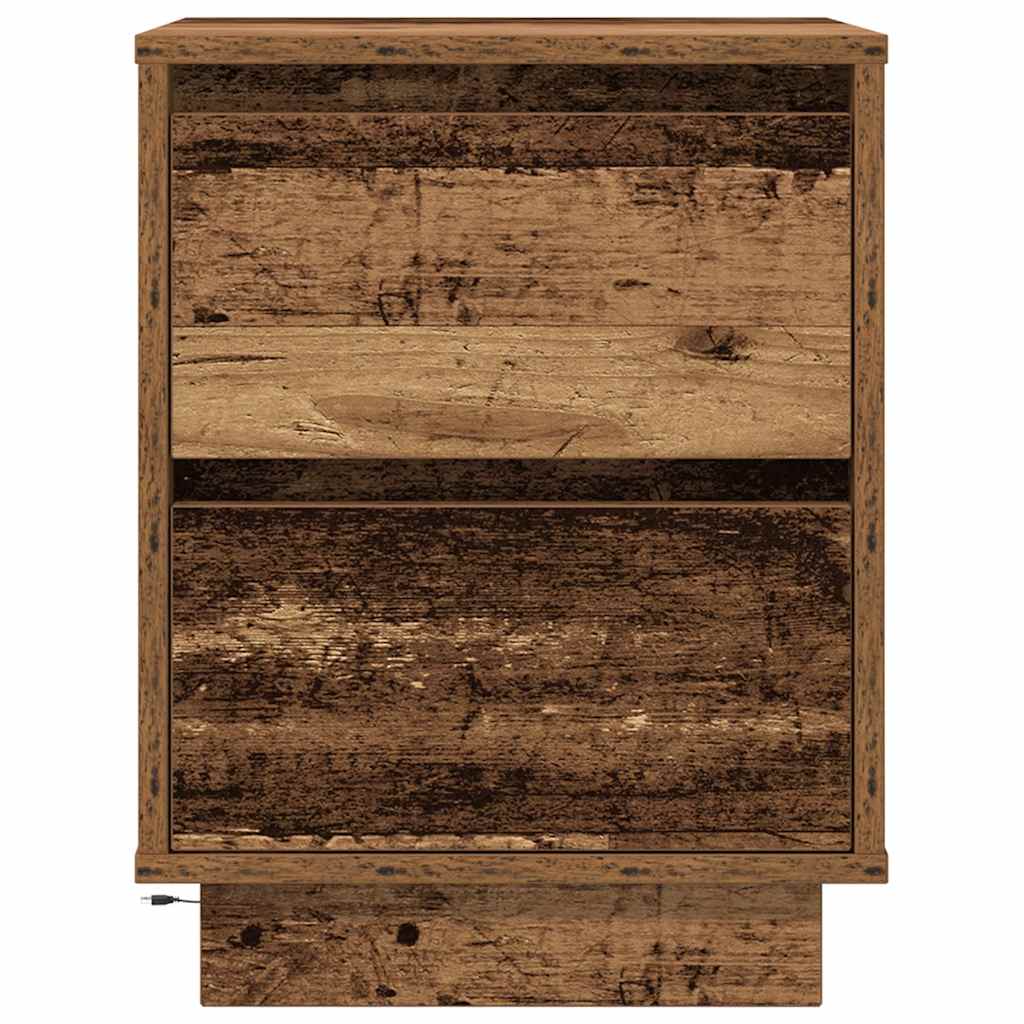 Mesa de cabeceira com luzes LED 38x34x50 cm madeira velha