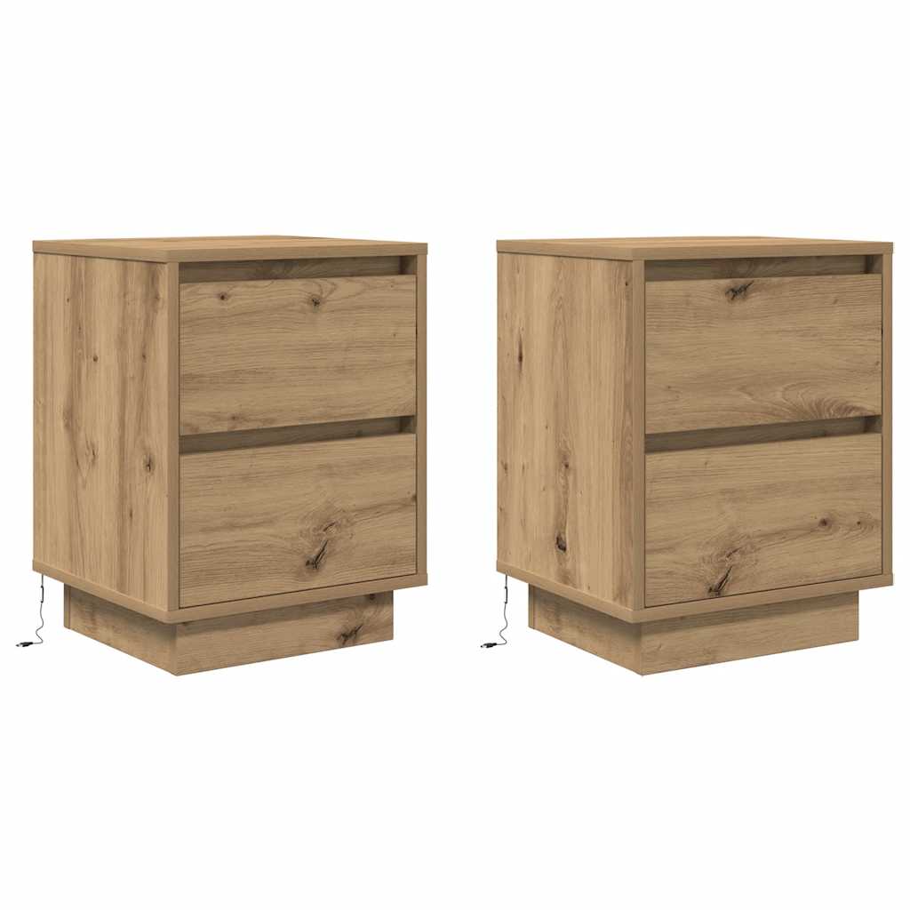 Mesas cabeceira c/ luzes LED 2pcs 38x34x50cm carvalho artesanal