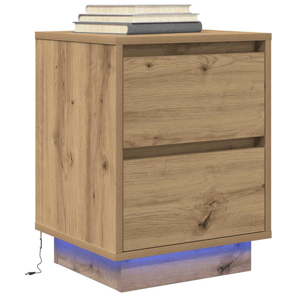 Mesas cabeceira c/ luzes LED 2pcs 38x34x50cm carvalho artesanal
