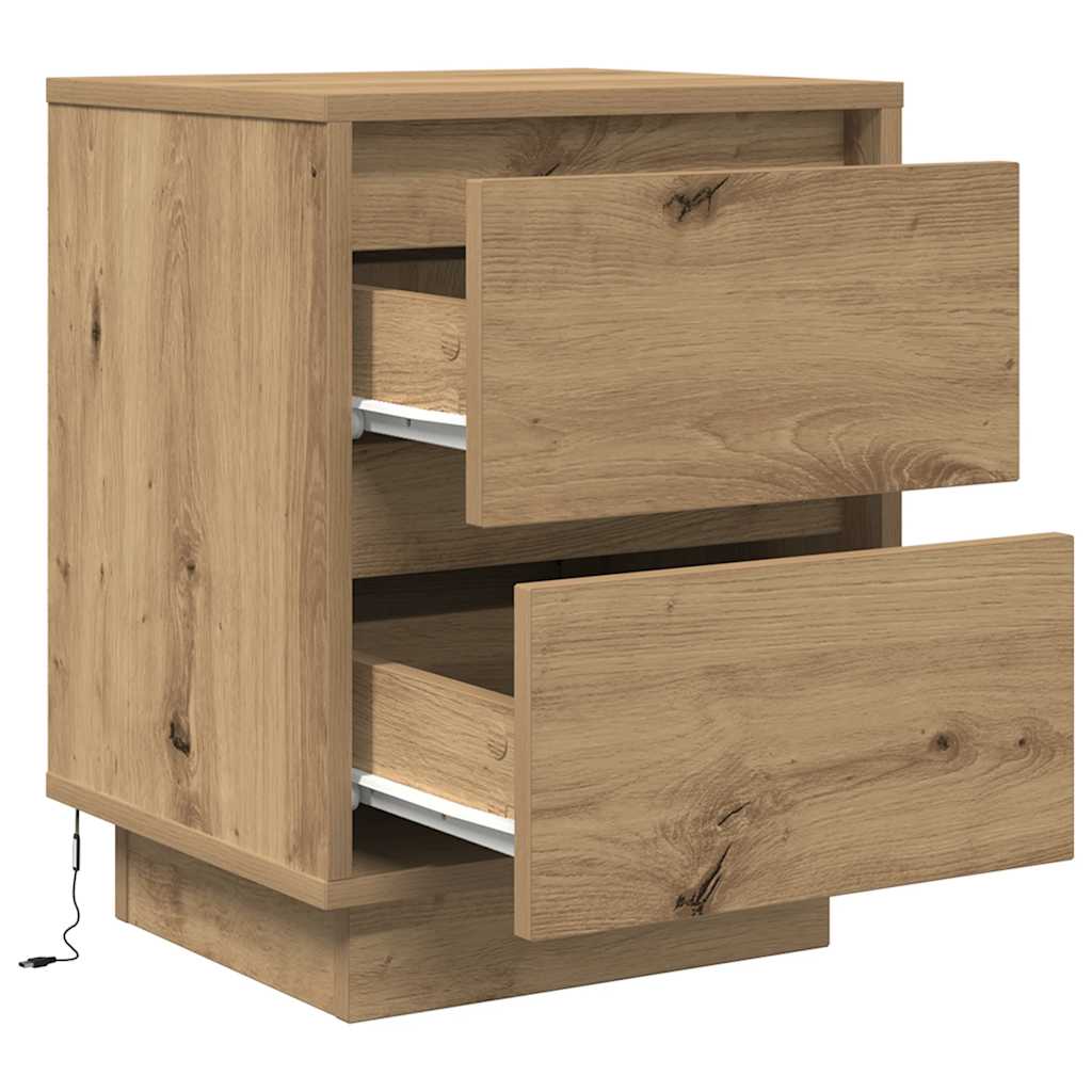 Mesas cabeceira c/ luzes LED 2pcs 38x34x50cm carvalho artesanal
