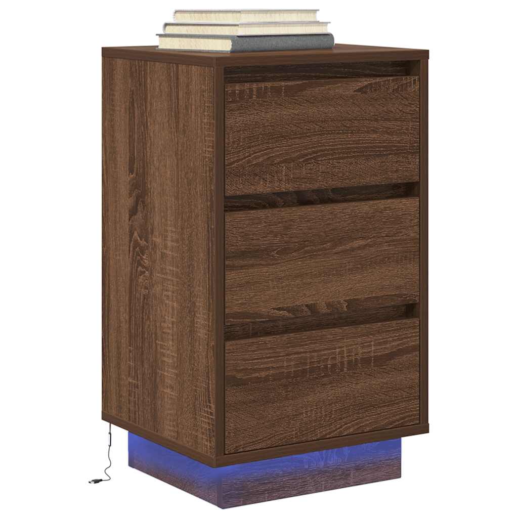 Mesa de cabeceira com luzes LED 38x34x65 cm carvalho castanho