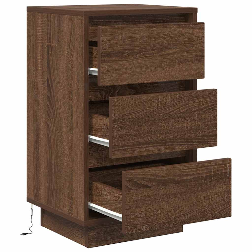 Mesa de cabeceira com luzes LED 38x34x65 cm carvalho castanho