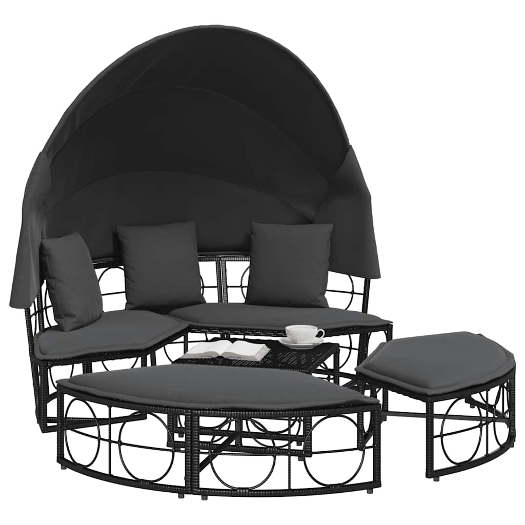 Cama lounge de exterior c/ toldo e almofadões vime PE preto