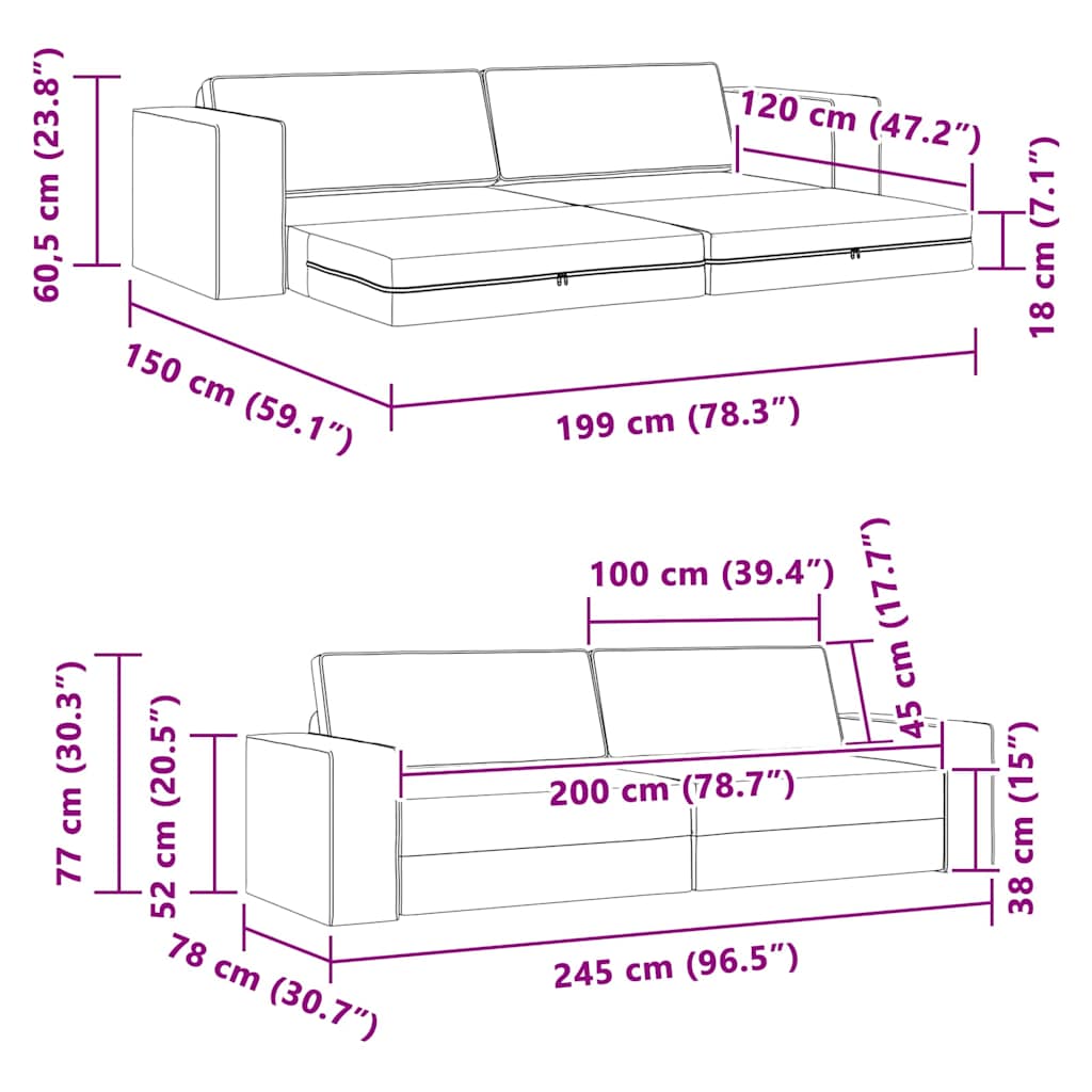 Sofá-cama Creme 245 x 78 x 77 cm tecido