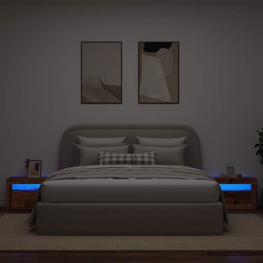 Mesas cabeceira c/ luzes LED 2 pcs 60x35x40 cm madeira velha