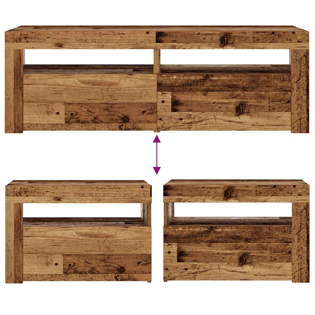 Mesas cabeceira c/ luzes LED 2 pcs 60x35x40 cm madeira velha