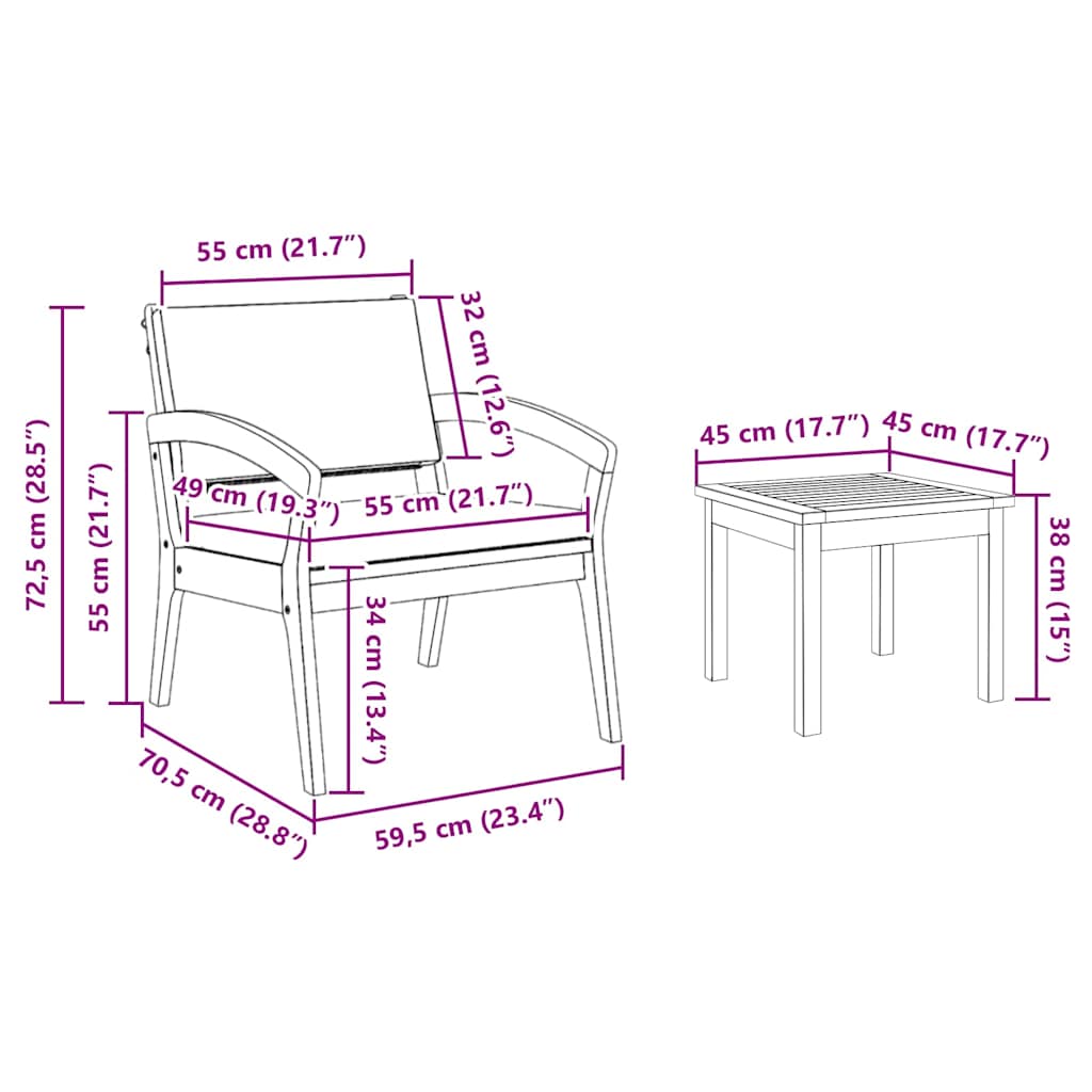 Conjunto bistro Castanho 45 x 45 x 38cm