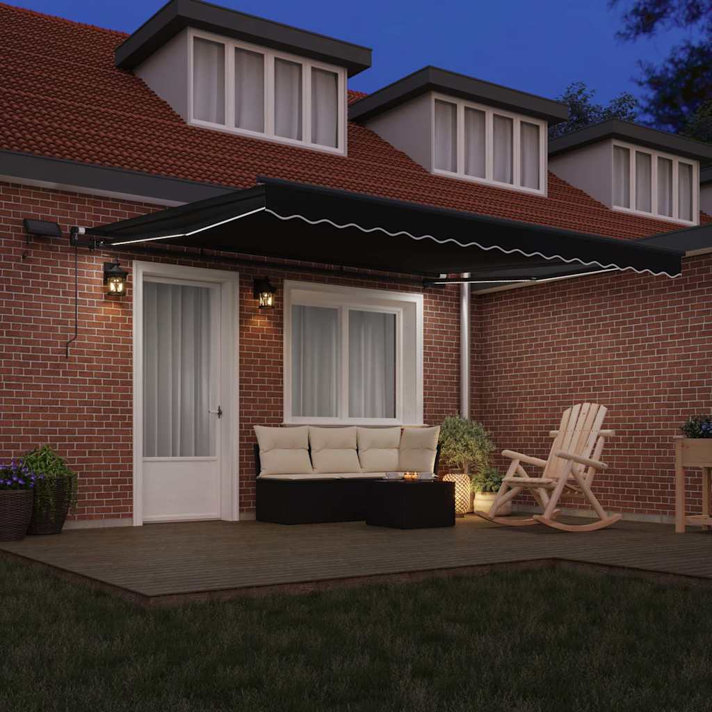 Toldo Retrátil com luzes de tira LED Preto 400 × 350 cm tecido