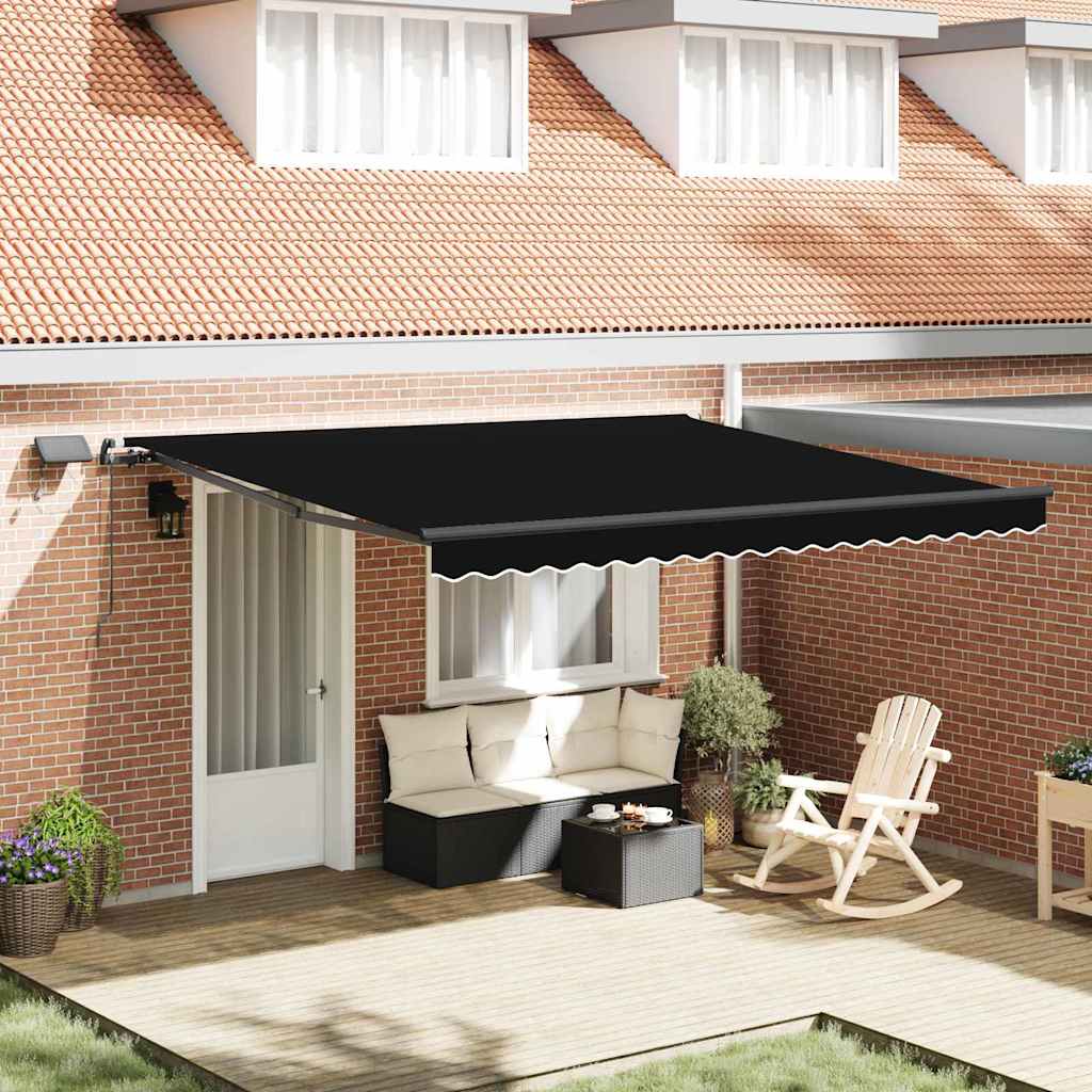 Toldo Retrátil com luzes de tira LED Preto 400 × 350 cm tecido