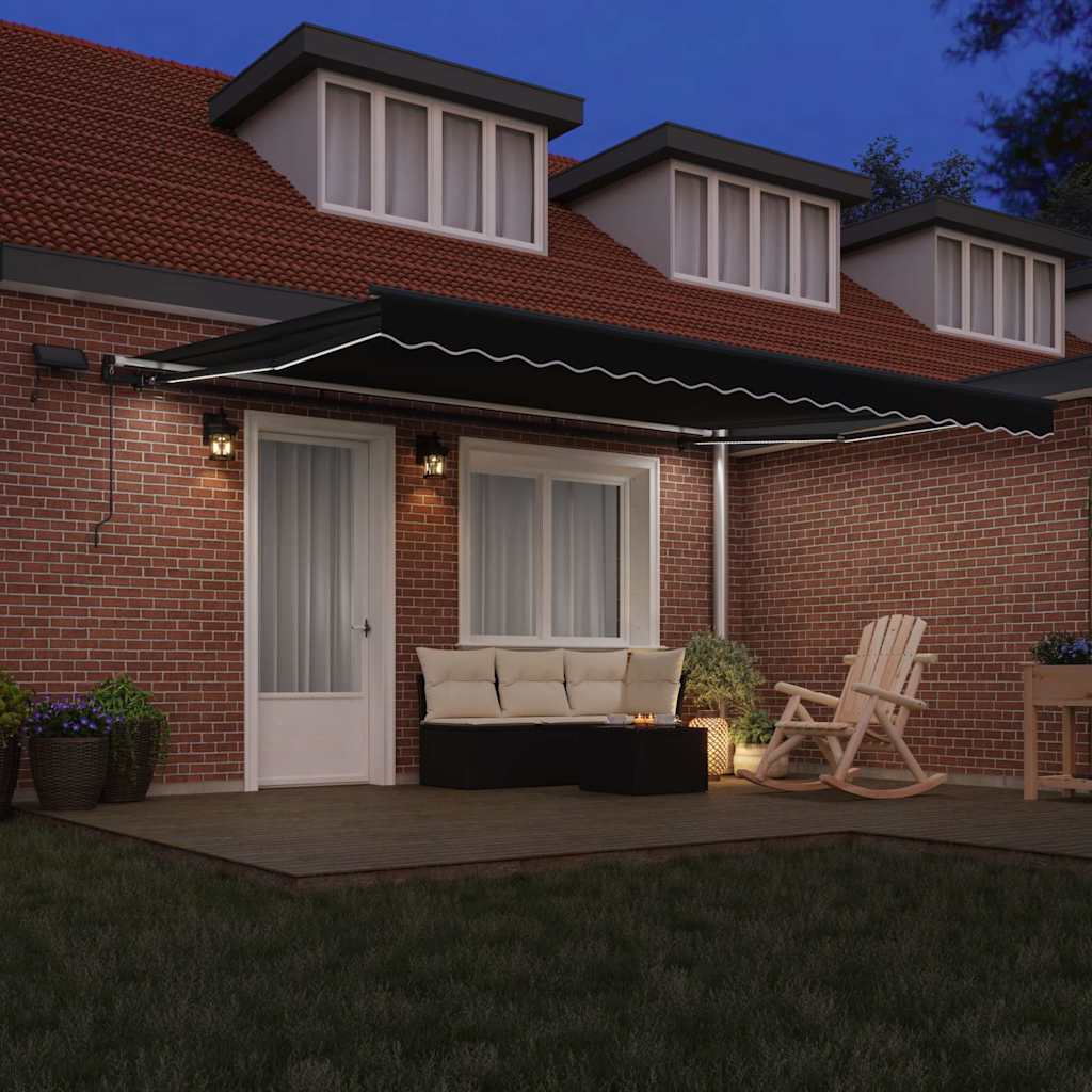 Toldo Retrátil com luzes de tira LED Preto 450 ×300 cm tecido