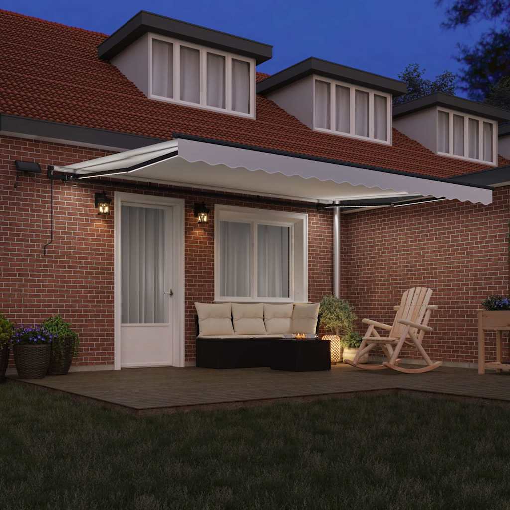 Toldo Retrátil com luzes de tira LED Branco 450 ×300 cm tecido