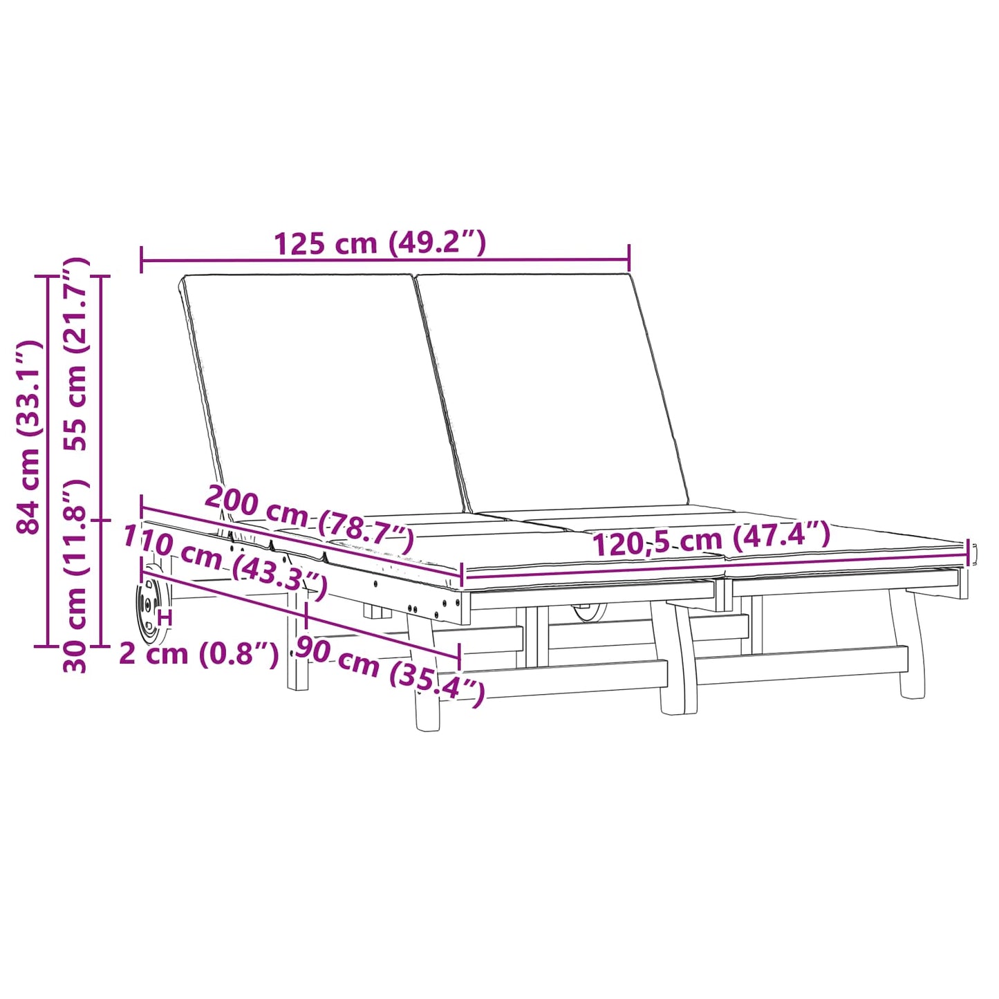 Espreguiçadeira 2-pessoa Castanho 63 x 199 x 85 cm