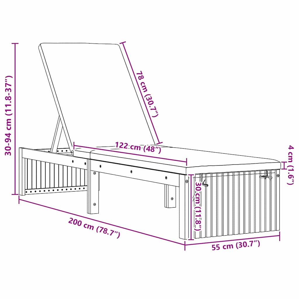 Espreguiçadeira com almofada 1-pessoa Castanho 200 x 55 x 94cm