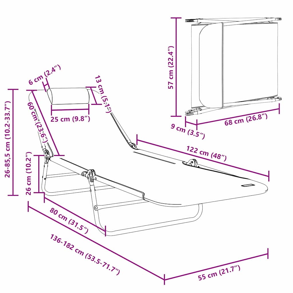 Espreguiçadeira dobrável Creme 182 x 55 x 85.5cm Textilene