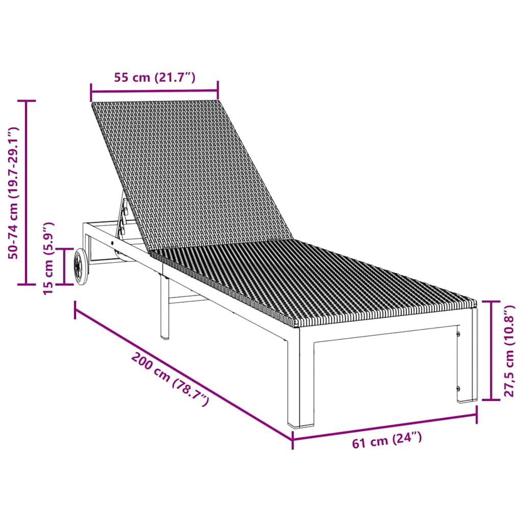 Cama de Sol 1-pessoa Preto 60 x 200 x 27cm vime PE