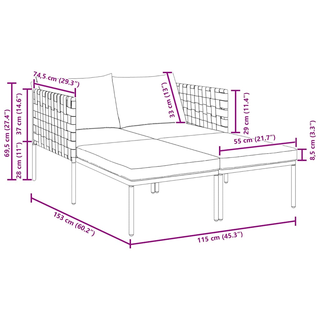 Cama de Sol com almofada Antracite 115 x 153 x 69.5cm Aço