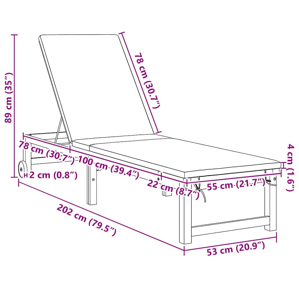 Espreguiçadeira com almofada 2 pcs Castanho 53 x 202 x 89cm
