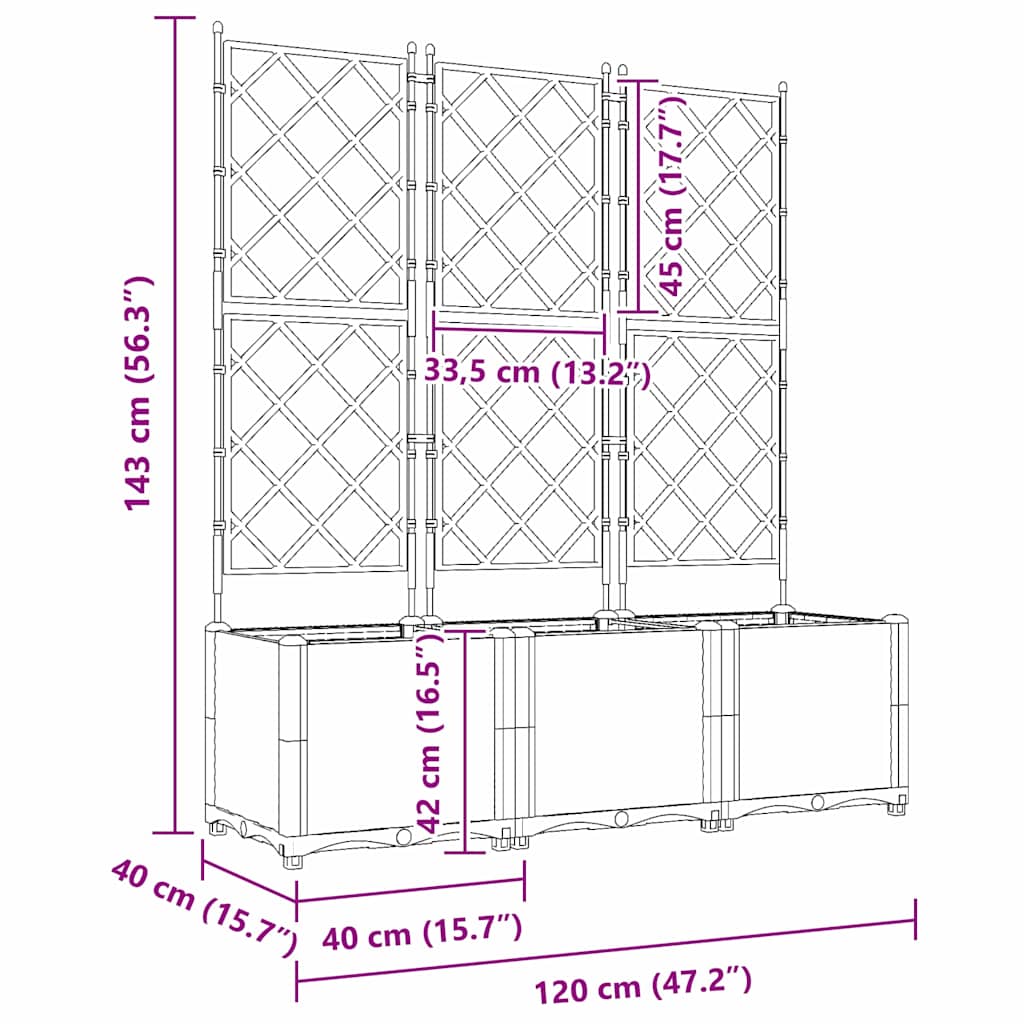 Jardineira com Treliça 3 pcs Cinzento-claro 120 x 40 x 143 cm