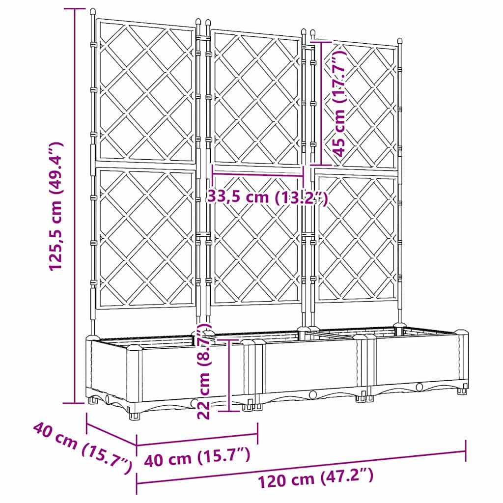 Jardineira com Treliça 3 pcs Branco 120 x 40 x 125.5 cm PP