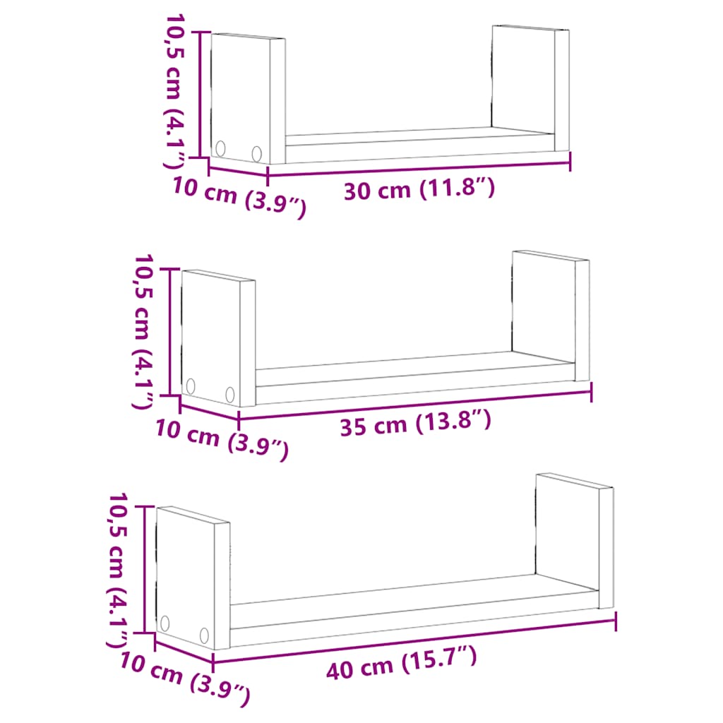 Prateleiras parede 3 pcs derivados madeira carvalho preto