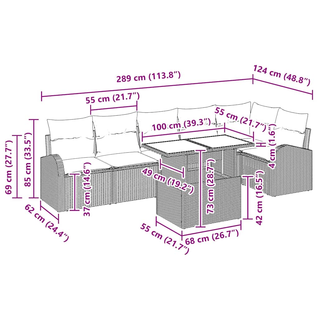 Conjunto de Sofá de Jardim com travesseiro 7 pcs Preto vime PE